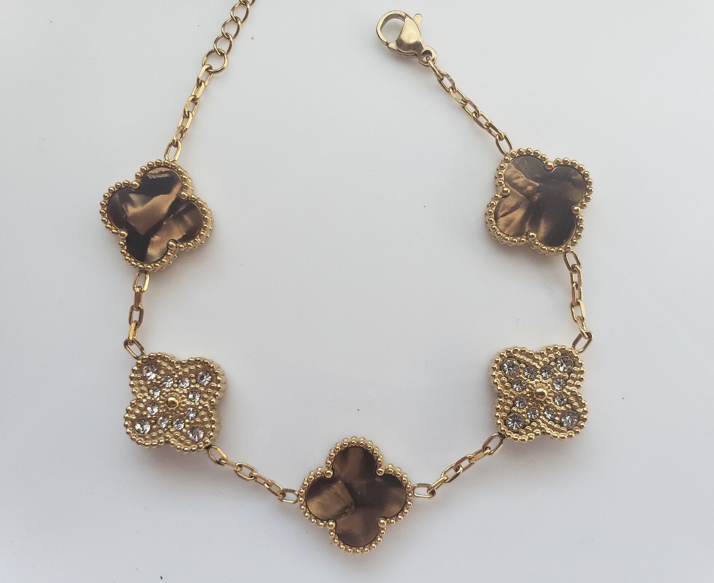 18K Gold Clover Bracelet 5 motifs reversible tiger eye & CZ lucky vintage style