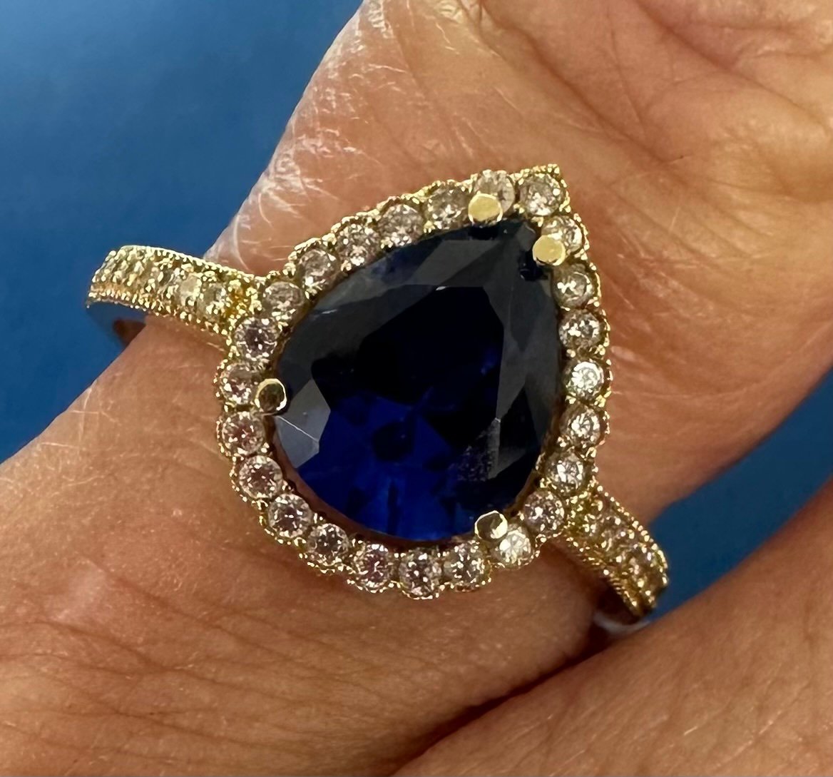 Pretty! 14k Gold Blue Stone Ring-Size 7.5