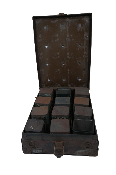 Antique Traveling Salesman Tea Sample Case Filled With Tea Tins