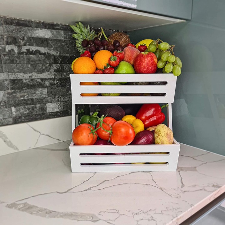 2Tier Wooden Fruit Stand Bamboo Fruit Basket Countertop Kitchen Organizer