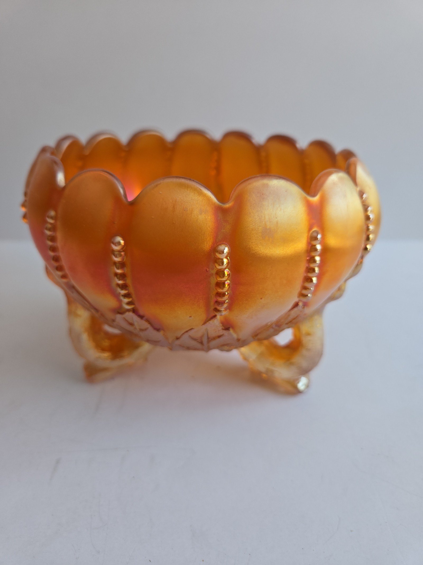 Vintage Northwood Marigold Beads Carnival Glass Footed Bowl