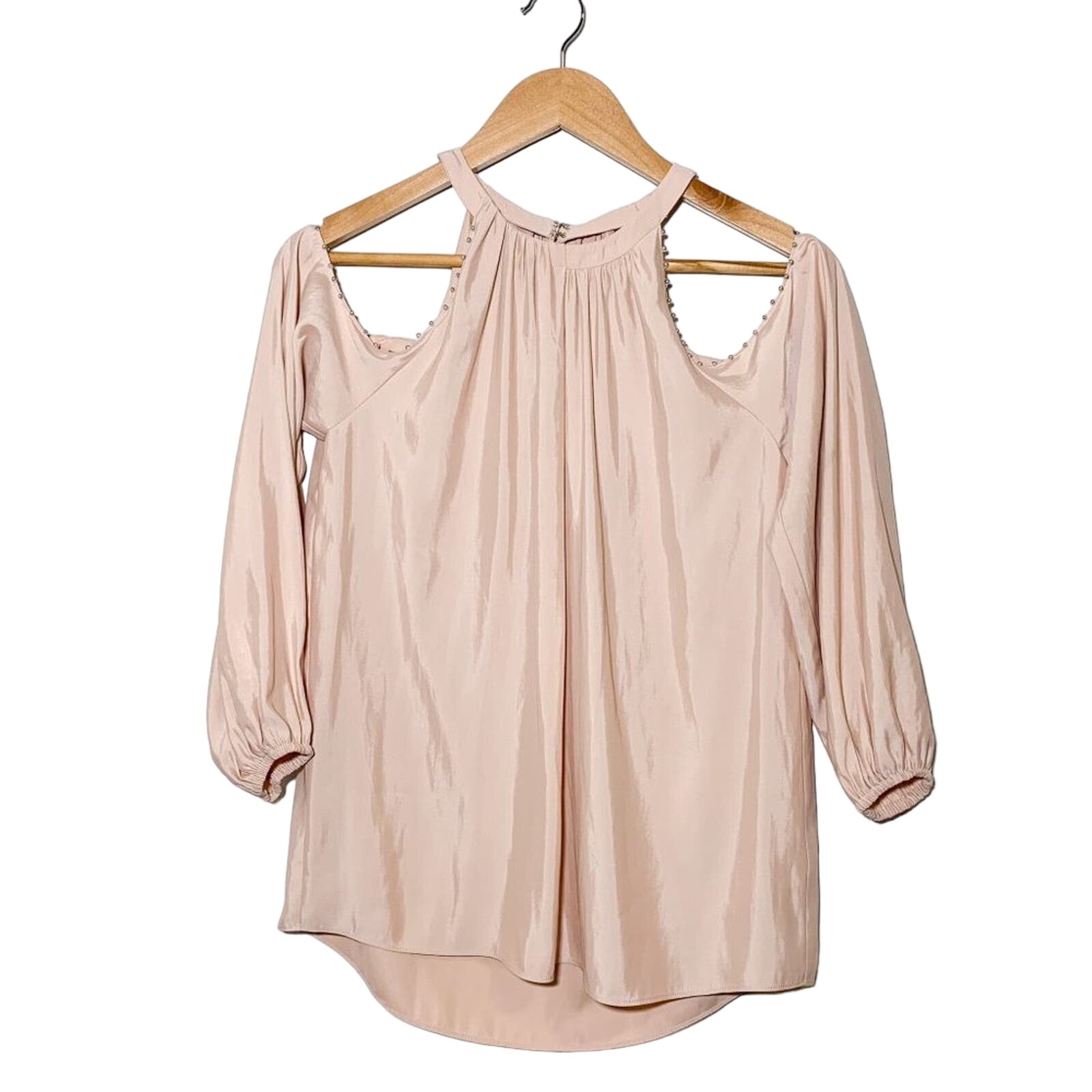 Ramy Brook Jackson Studded Cold Shoulder Long Sleeve Top Blouse Blush Pink Small