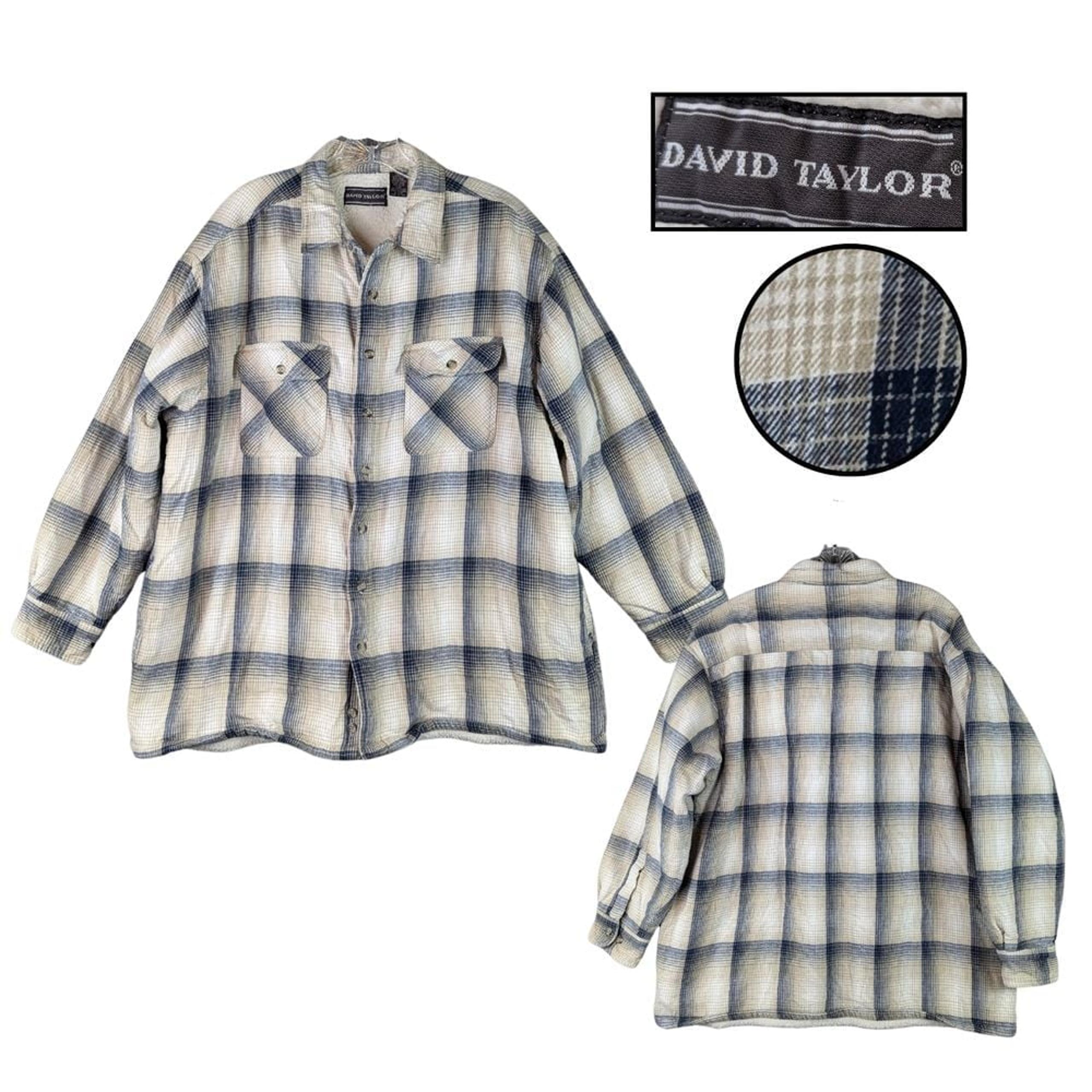 Vintage David Taylor Flannel Shirt Jacket Mens Blue Plaid  Sherpa Lined Sz Large
