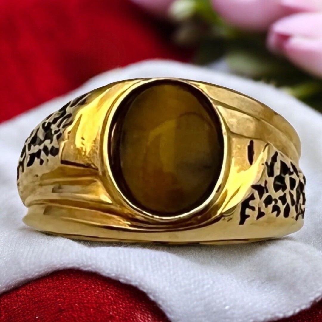 Vintage Ring Size 8 Uncas Tiger's Eye 14K Gold Plate Mid-Century Gent's 14N