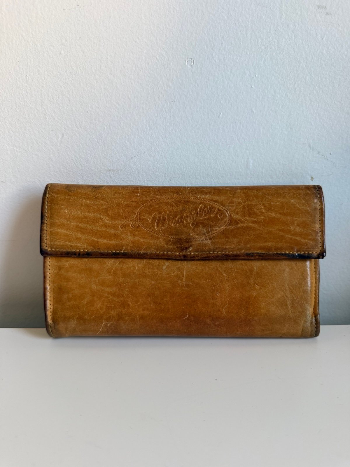 Vintage Wrangler Tri Fold Leather Brown Wallet 320 Bills Check Book Cowgirl West
