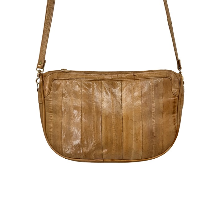 Vintage Eel Skin Tan Leather Crossbody Shoulder Bag With Stitch Detailing