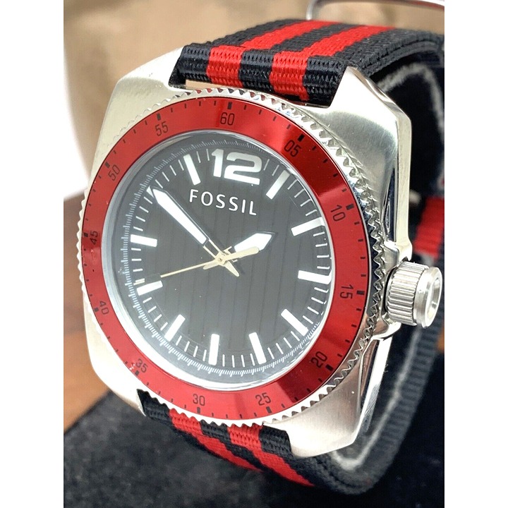 Fossil Men's Watch WB1042 Quartz Black Dial 38mm Red Black Nylon Strap