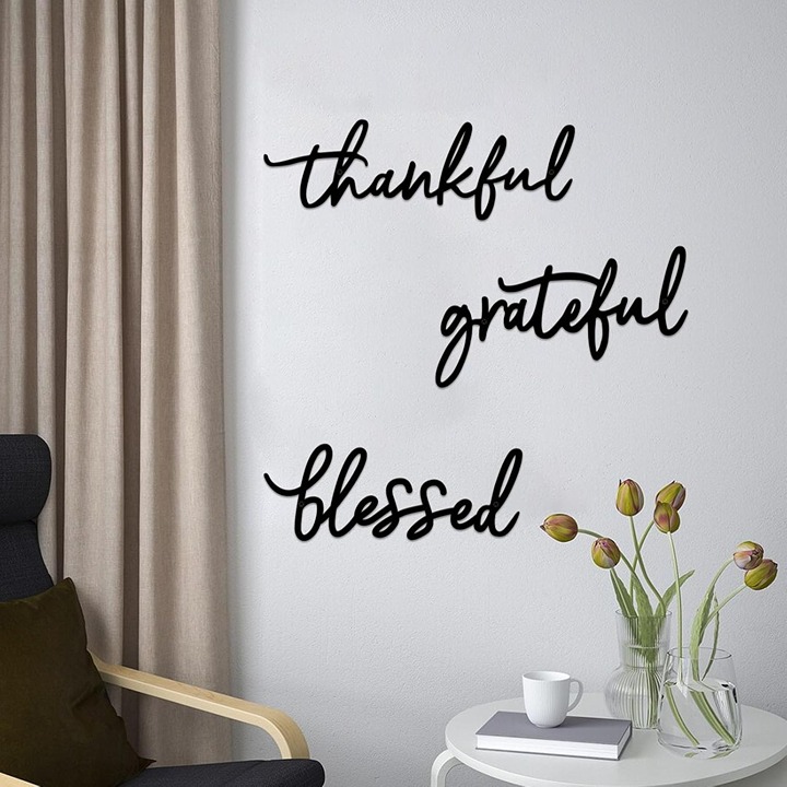 Thankful Grateful Blessed Letter Sign Metal Wall Decor, 3 Piece Black Metal