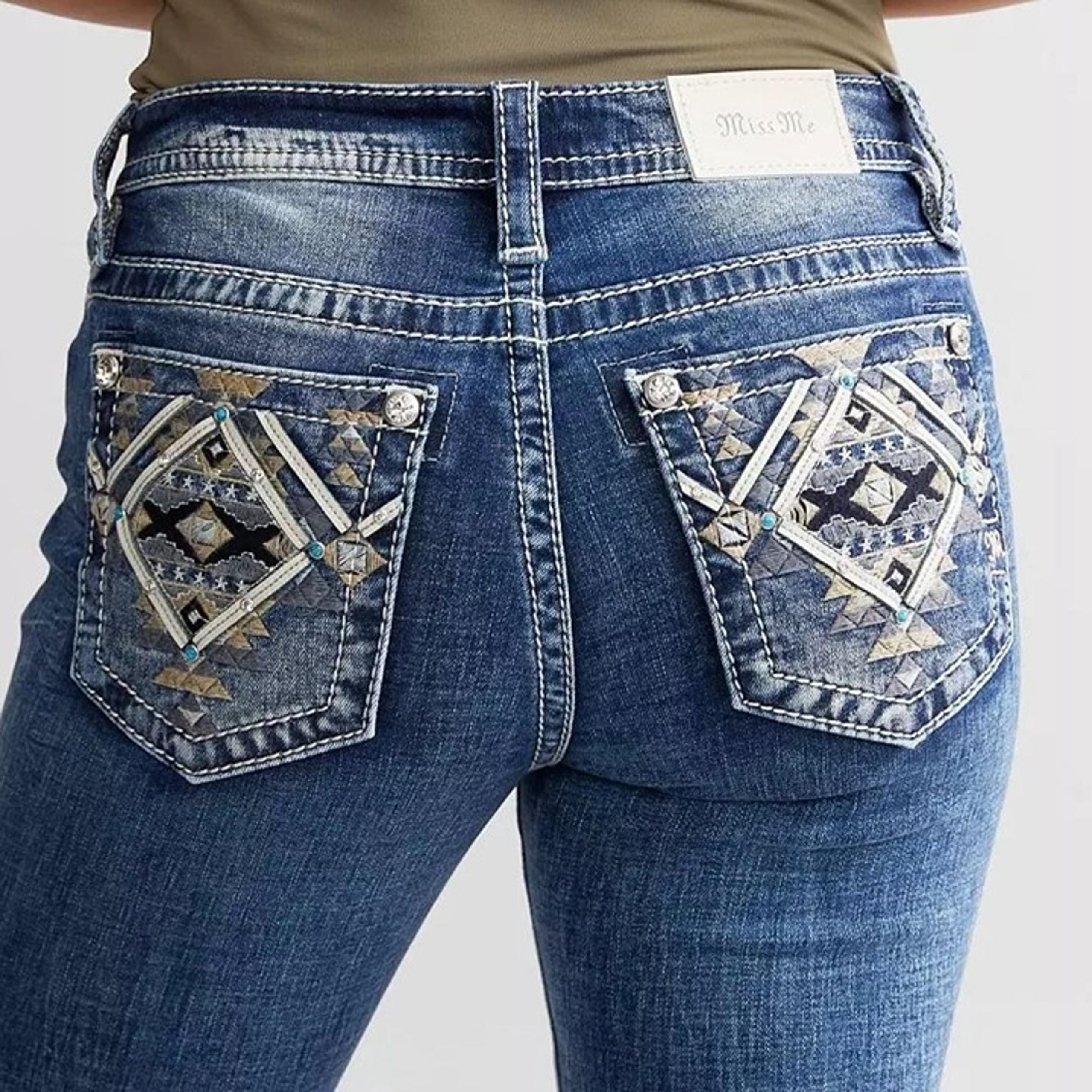 MISS ME Jeans Mid-Rise Boot Cut Aztec Womens Thick Stitch Stretchy Denim Jeans