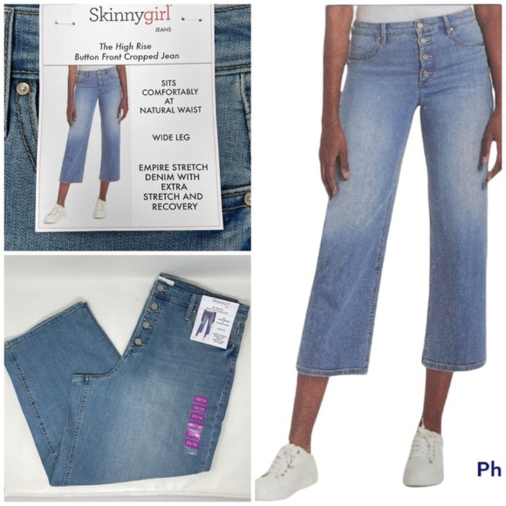 NWT! SkinnyGirl High Rise Button Front Cropped Wide Leg Denim Stretch Jeans