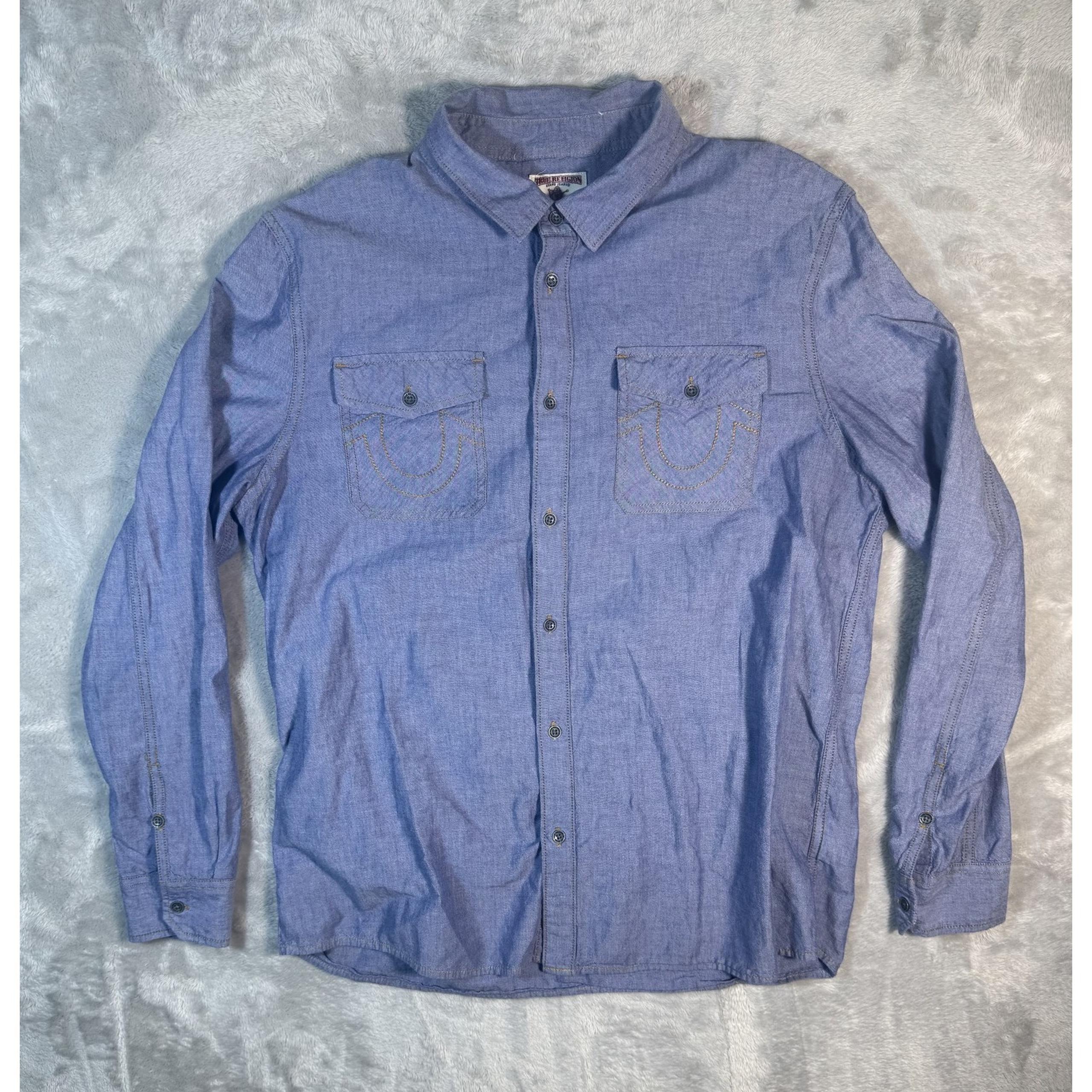 True Religion Shirt Mens Large Blue Long Sleeve Denim Western Snap Button Casual