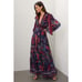 Farm Rio Tropical Shine Midi Dress Navy Blue Floral V-Neck Tiered Chiffon Sz S