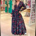 Farm Rio Tropical Shine Midi Dress Navy Blue Floral V-Neck Tiered Chiffon Sz S