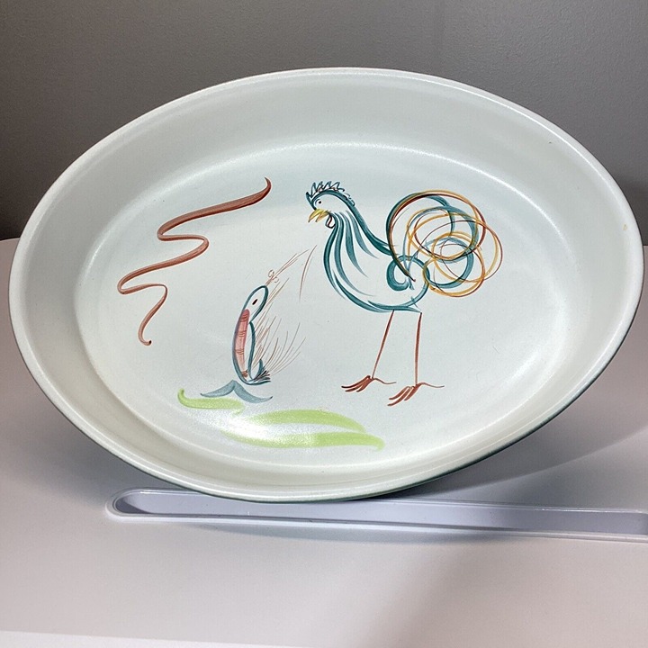 Denby English Stoneware Oval Serving Dish With Rooster Design & Teal Edge 11.5