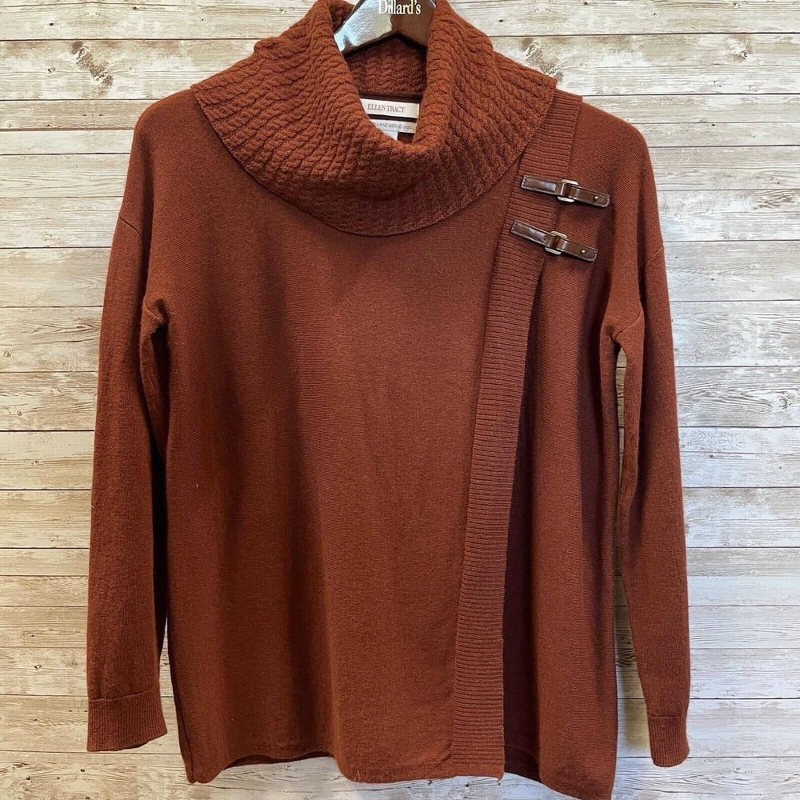 Ellen Tracy Womens M Sweater Rust Brown 100% Merino Wool Pullover Cowl Crossover