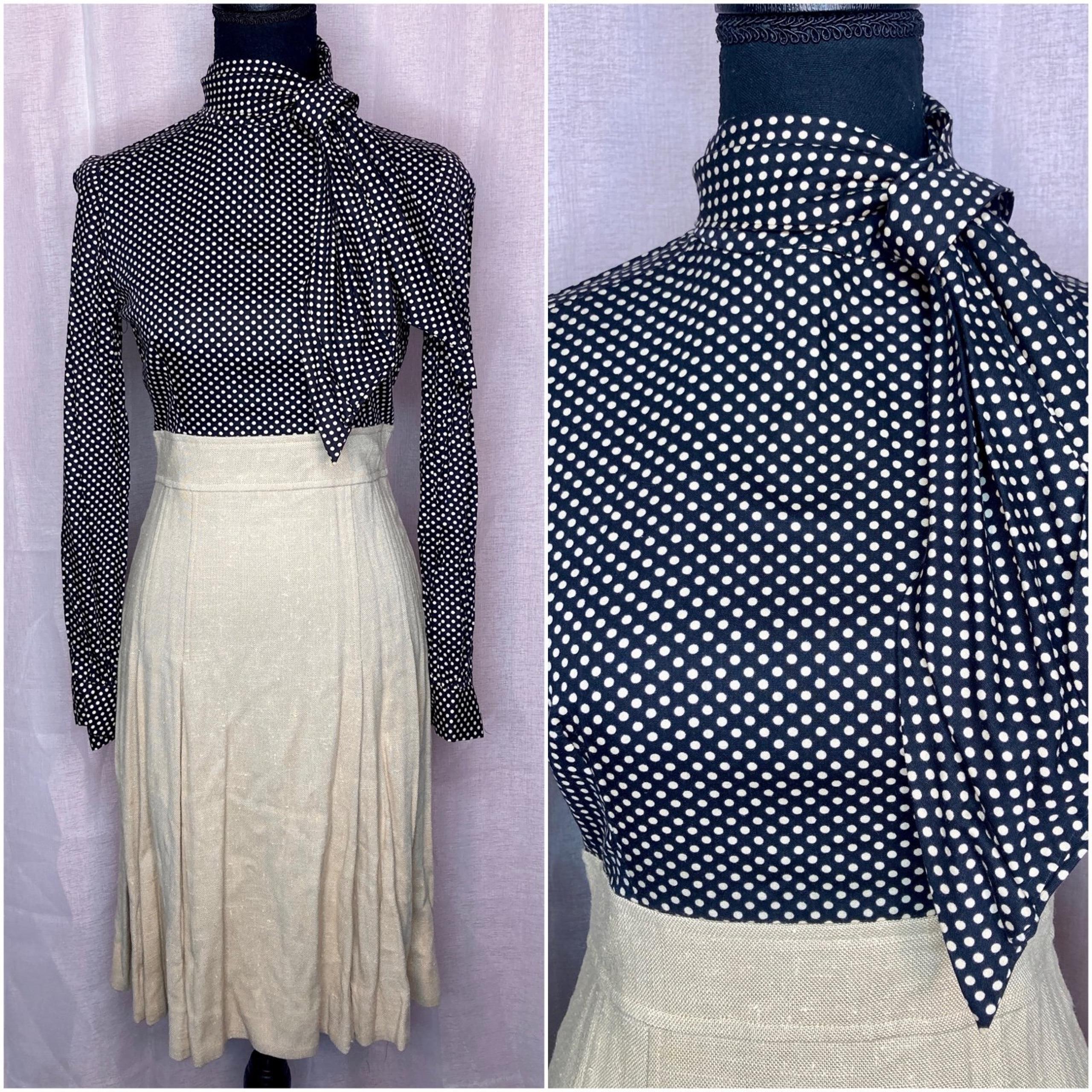 vintage 1970s union made polka dot & linen secretary dress with neck tie ascot