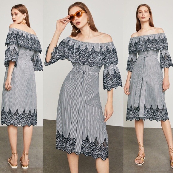 BCBGMAXAZRIA Off-The-Shoulder Embroidered Dress Blue/White Color XS BN 278