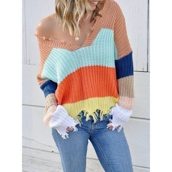 Chunky Oversized Color Block Raw Edge Sweater Size M /L