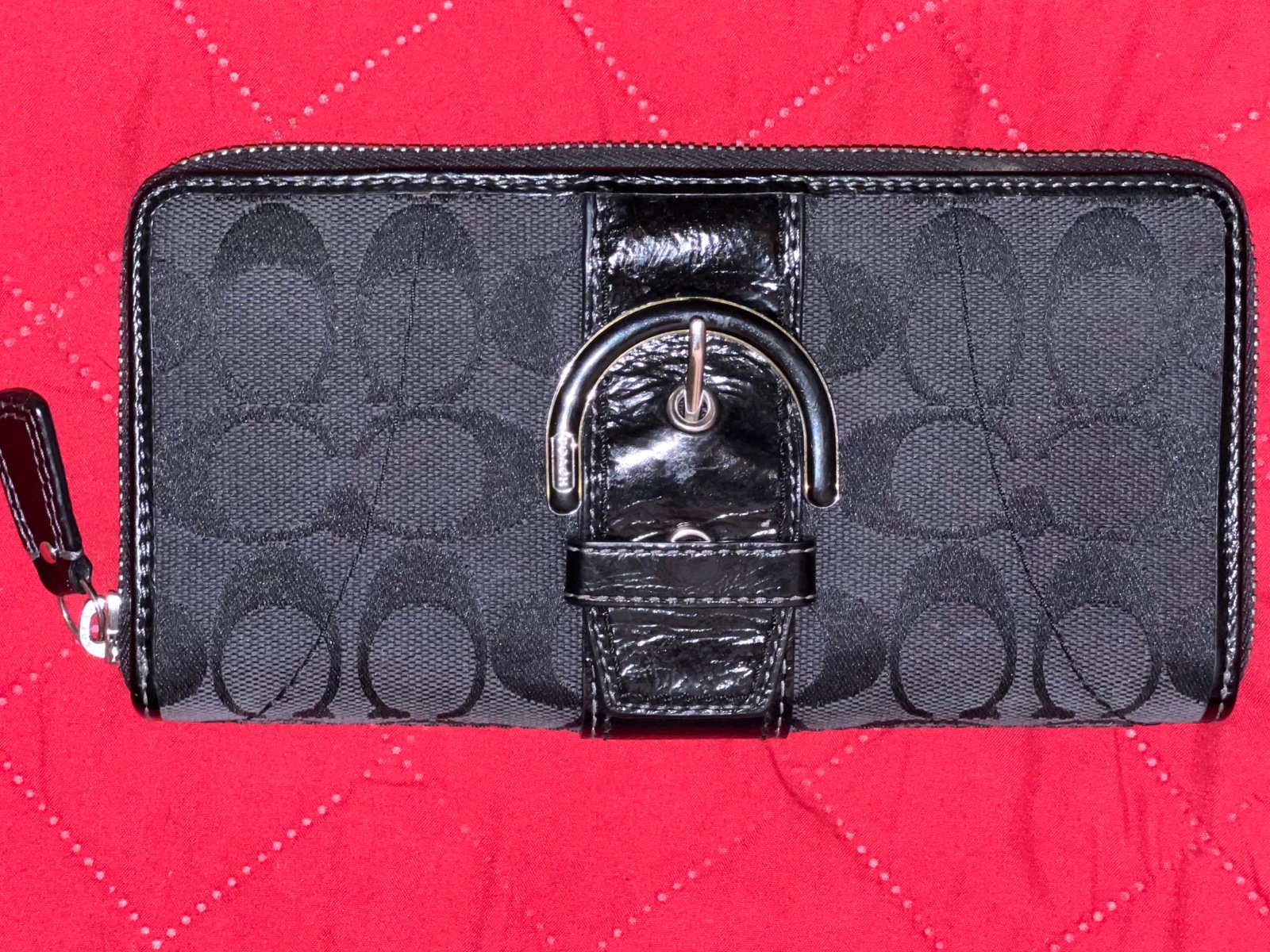 Coach Black Accordion L Zipper Canvas Monogram Wallet.