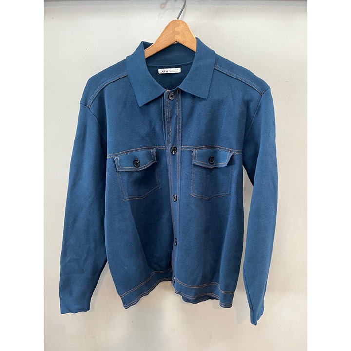 Zara Mens Button-Up Collared Overshirt Blue Cotton & Viscose- Sz. Medium