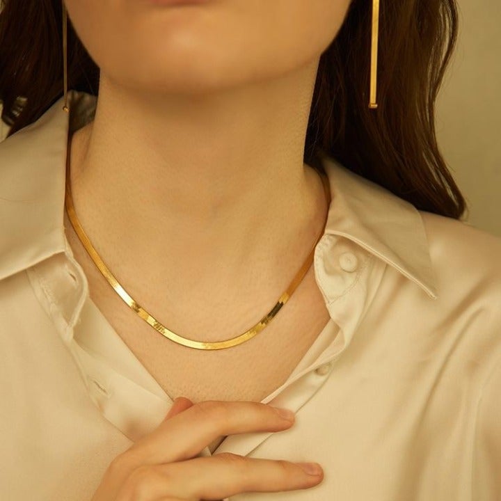 18k Gold Handmade Unique Dainty Herringbone Necklace Gold, Snake Layered Choker