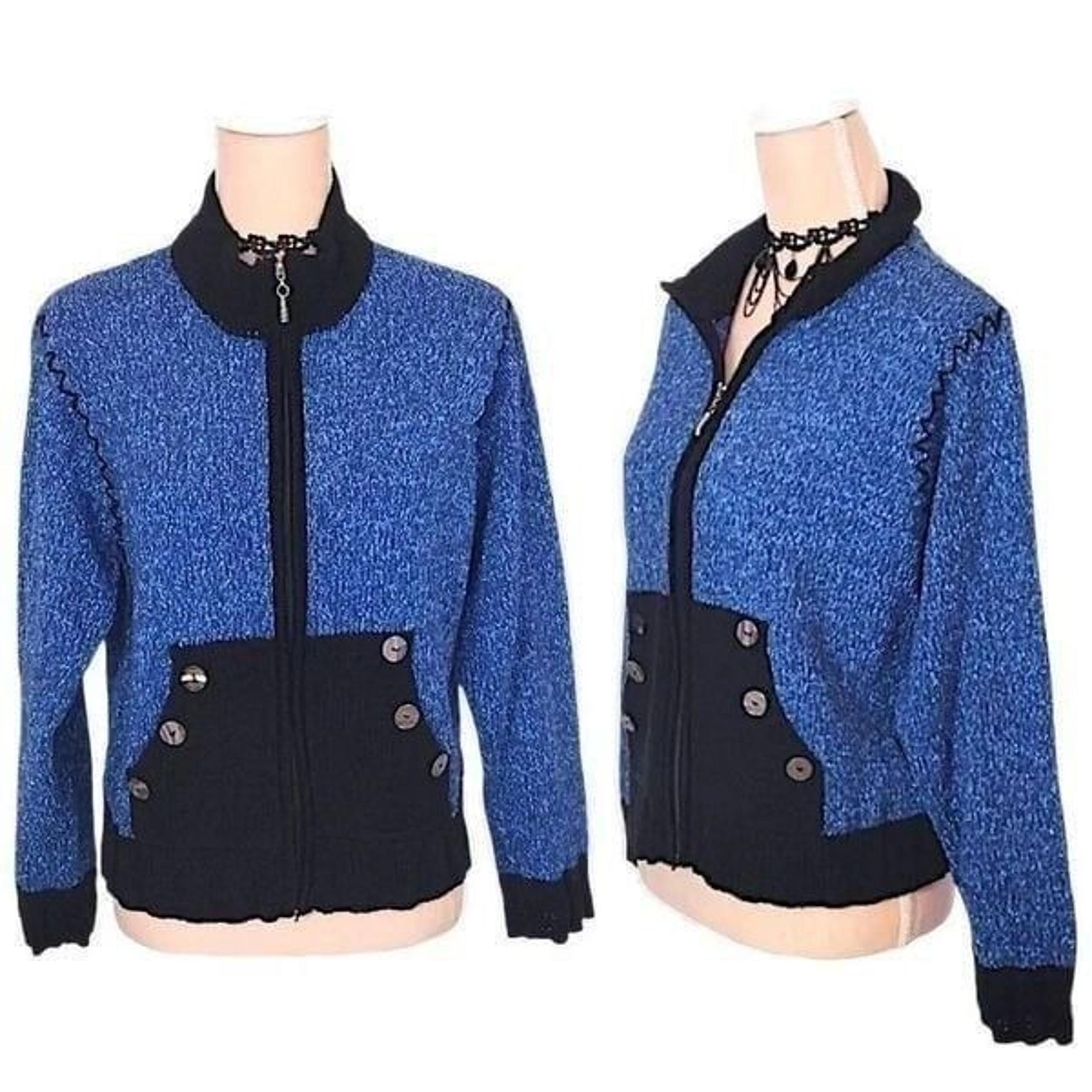 Vntg Blue Black Handloomed Zip Front Mock Neck Knitted Cardigan XL