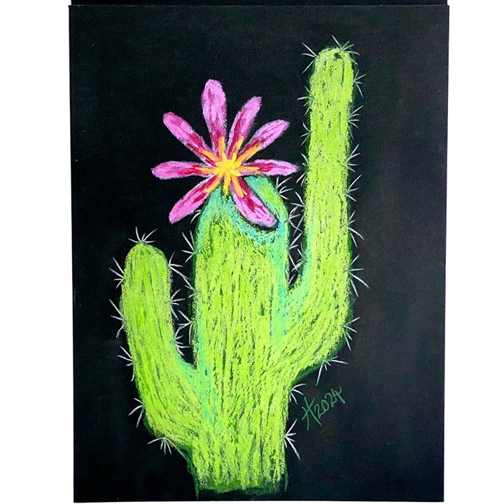 Pink Cactus Blossom Original Painting Oil Pastel Wall Art 11x14in Matted
