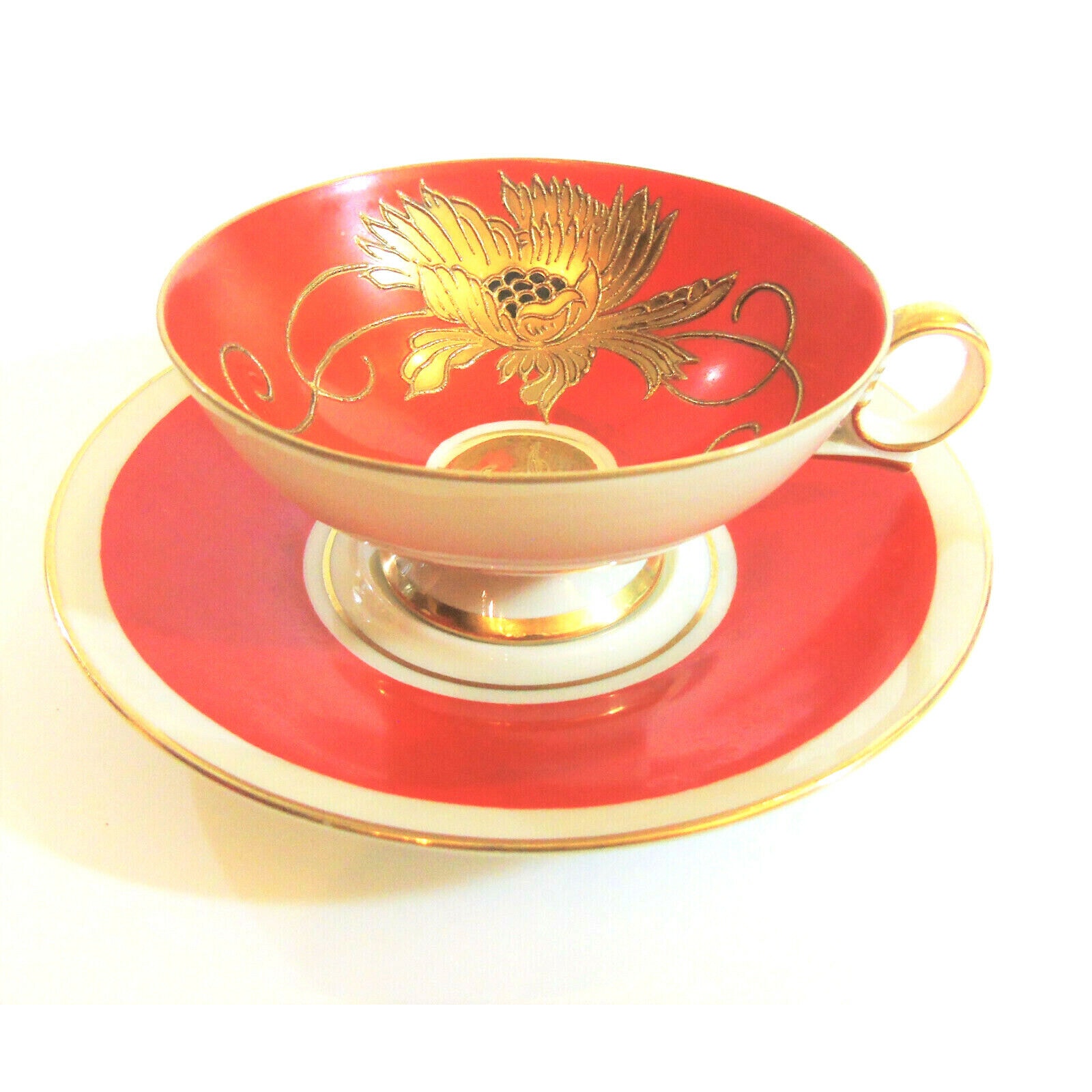 Shau Bach Kunst Wallendorf CUP & SAUCER SET Red Orange Ornate Gold Relief Flower