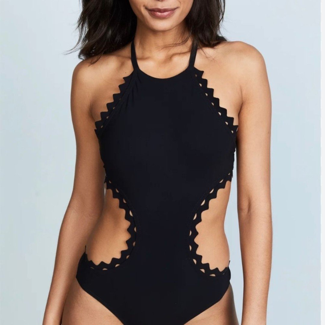 VINCE COMUTO sz 10 Cutout One-Piece Swimsuit Neck Tie Sea Scallops Black