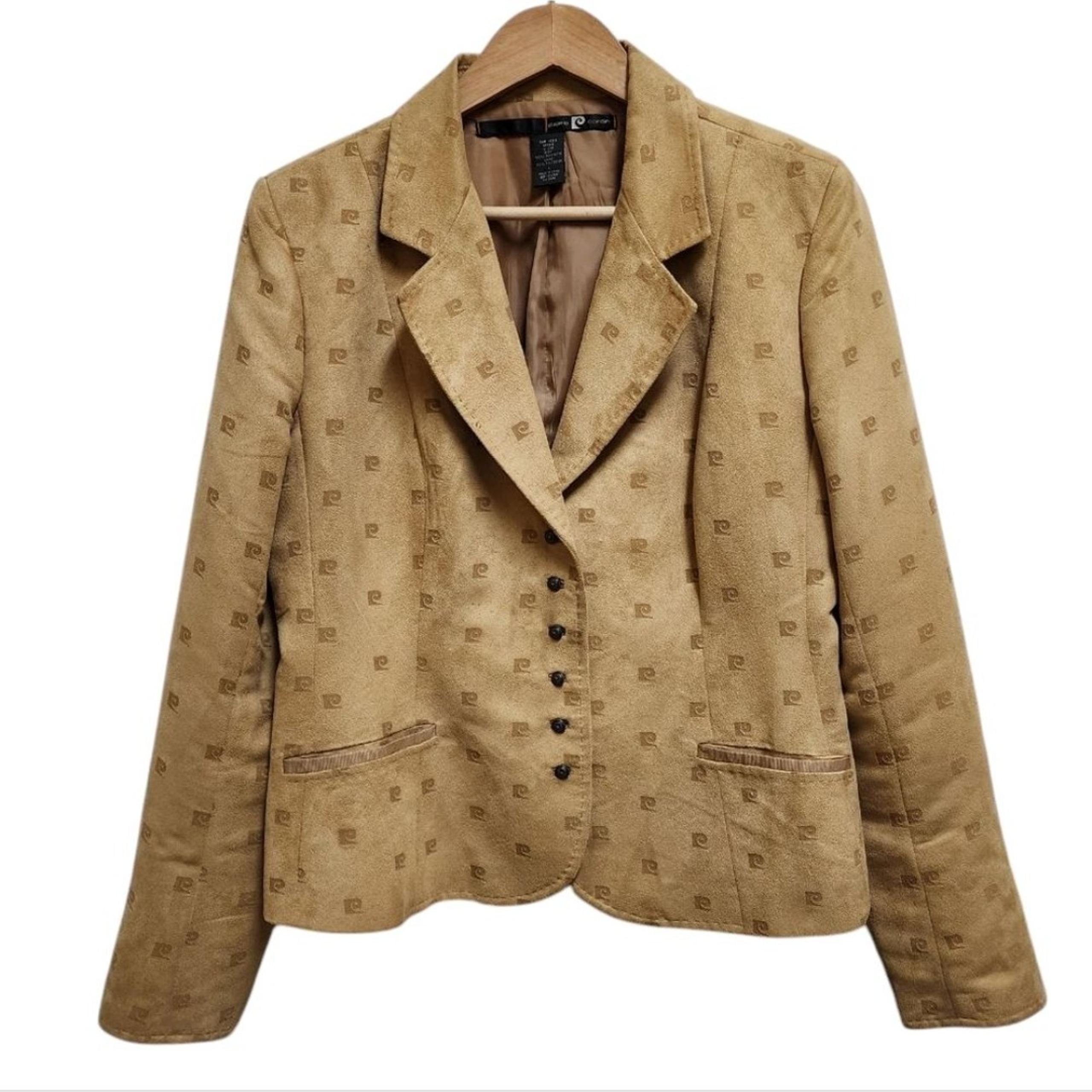 Pierre Cardin Logo Blazer Women L Tan Faux Suede Button Lined Pockets Vintage