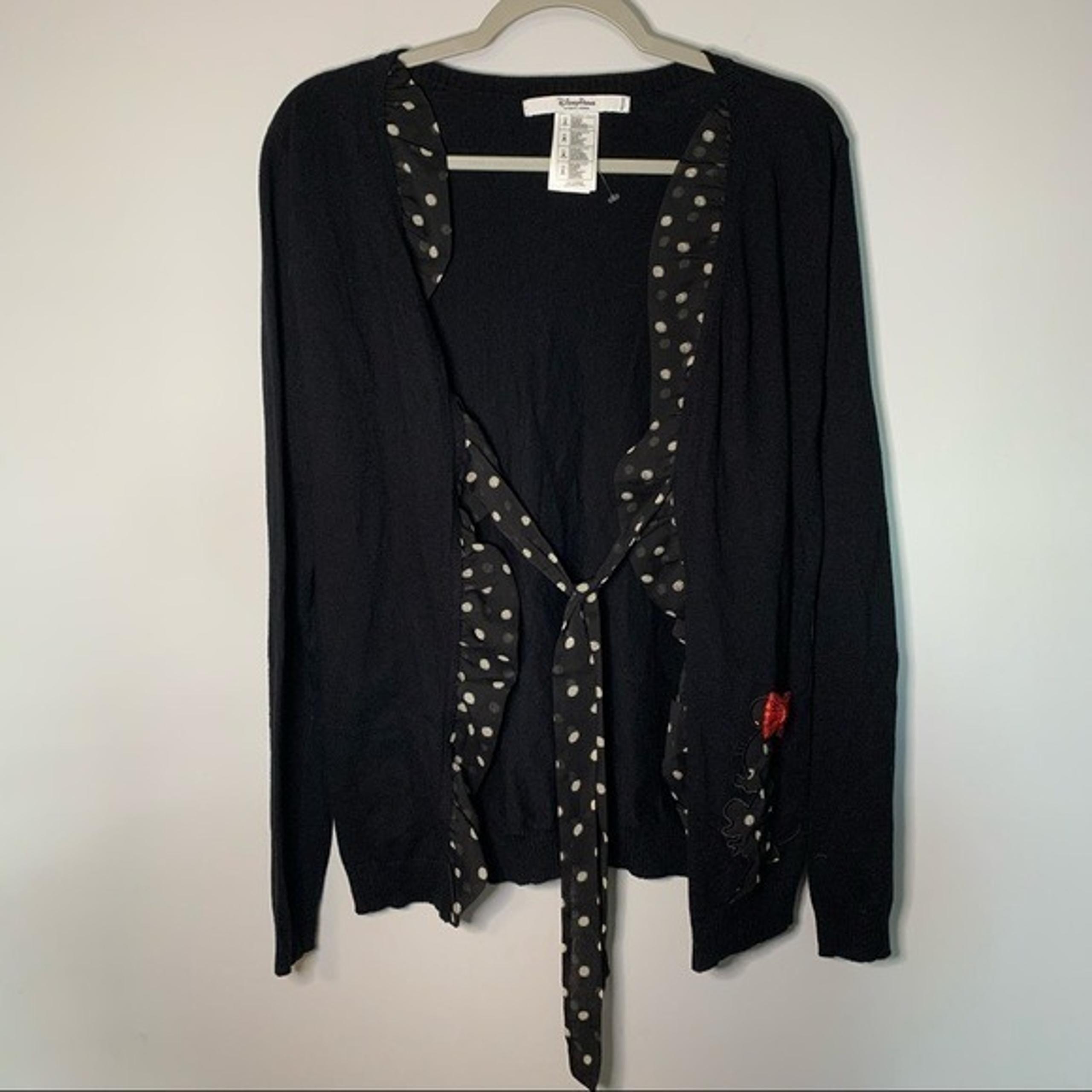 Women’s Disney Parks black polka dot ruffle trim Minnie Mouse sweater cardigan