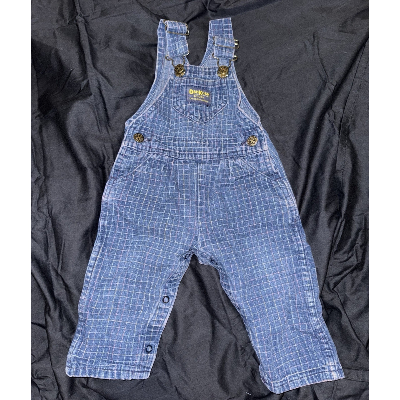 Vintage Oshkosh Girls Denim Overalls 80s Multicolored Check Print 18 Month