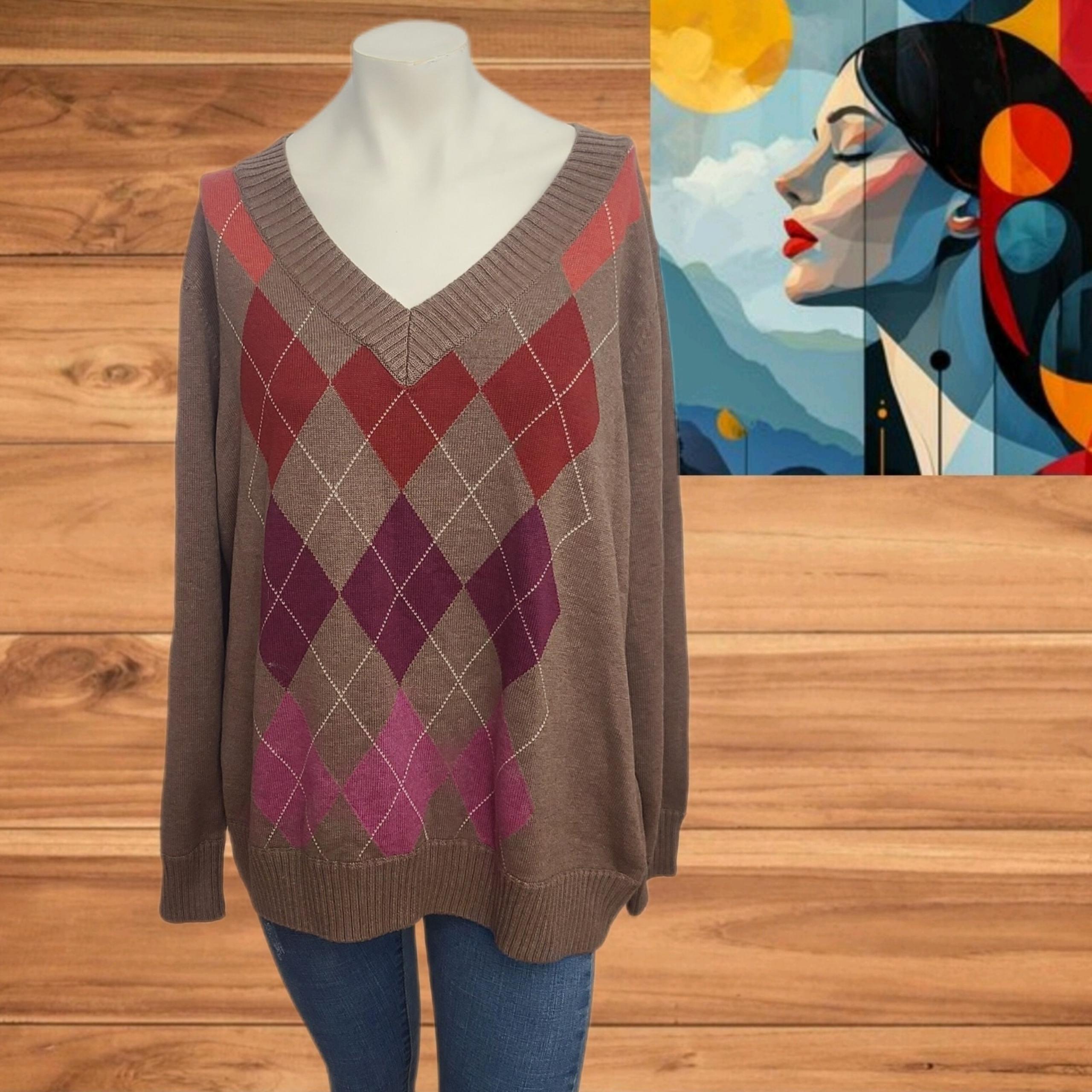 NWT Women's Sonoma Argyle V Neck Sweater Multicolor Size 2X  Cotton