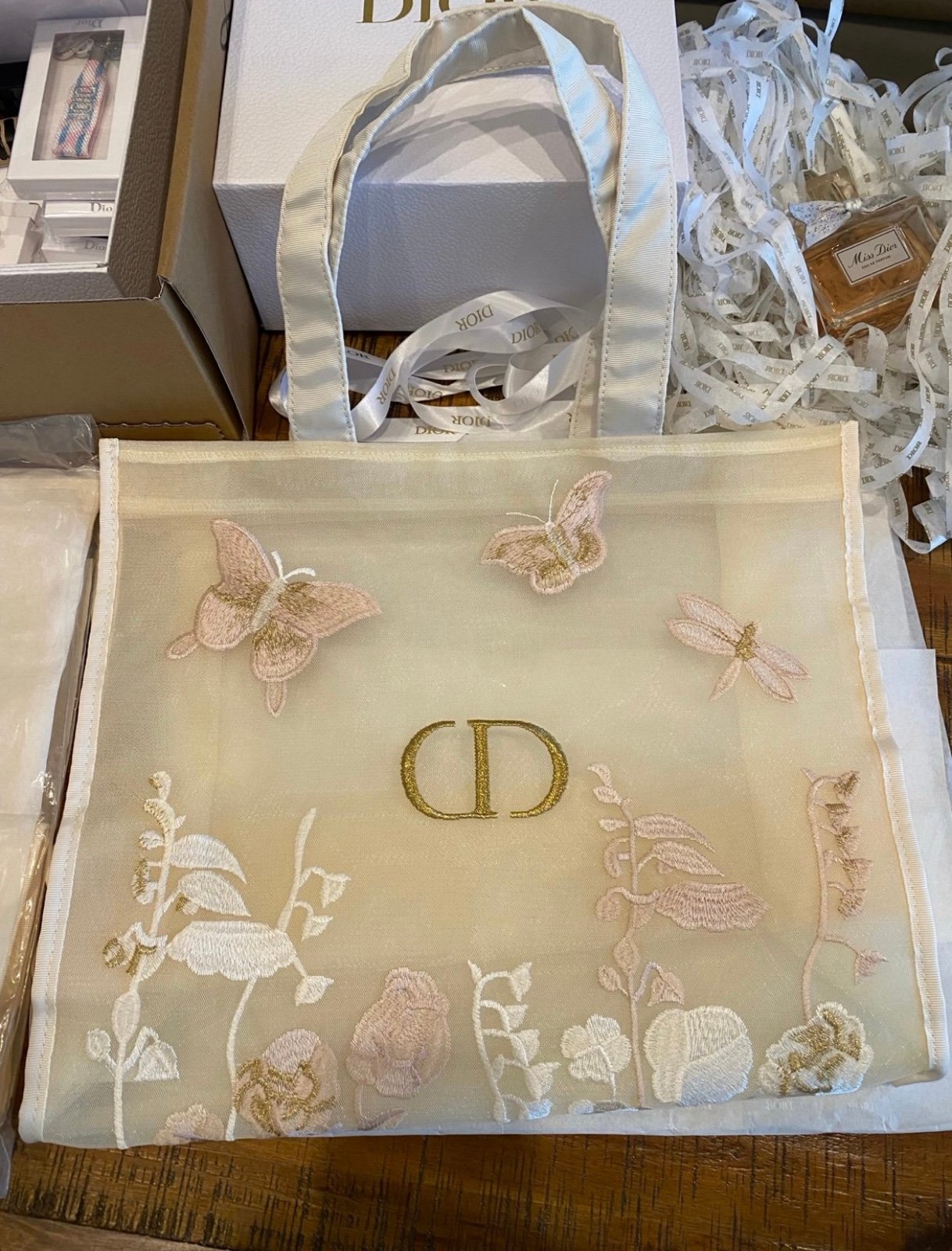 DIOR GWP MESH BEIGE BUTTERFLIES BUNDLE OF TOTE AND HALF MOON BAG