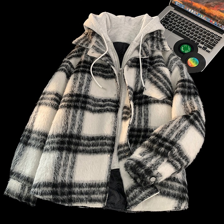 Plaid plush with short hat jean jacket