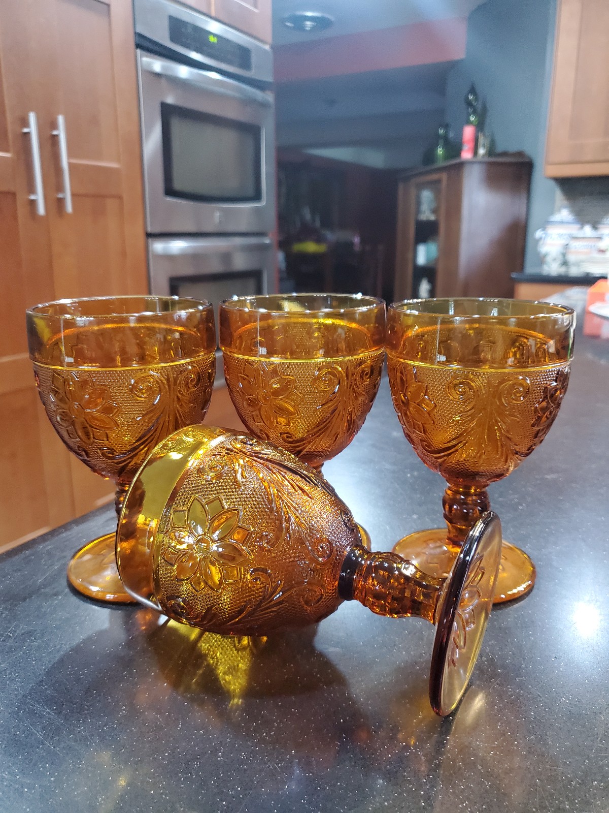 Set of 4 Indiana Tiara glass amber vintage stemmed water goblets