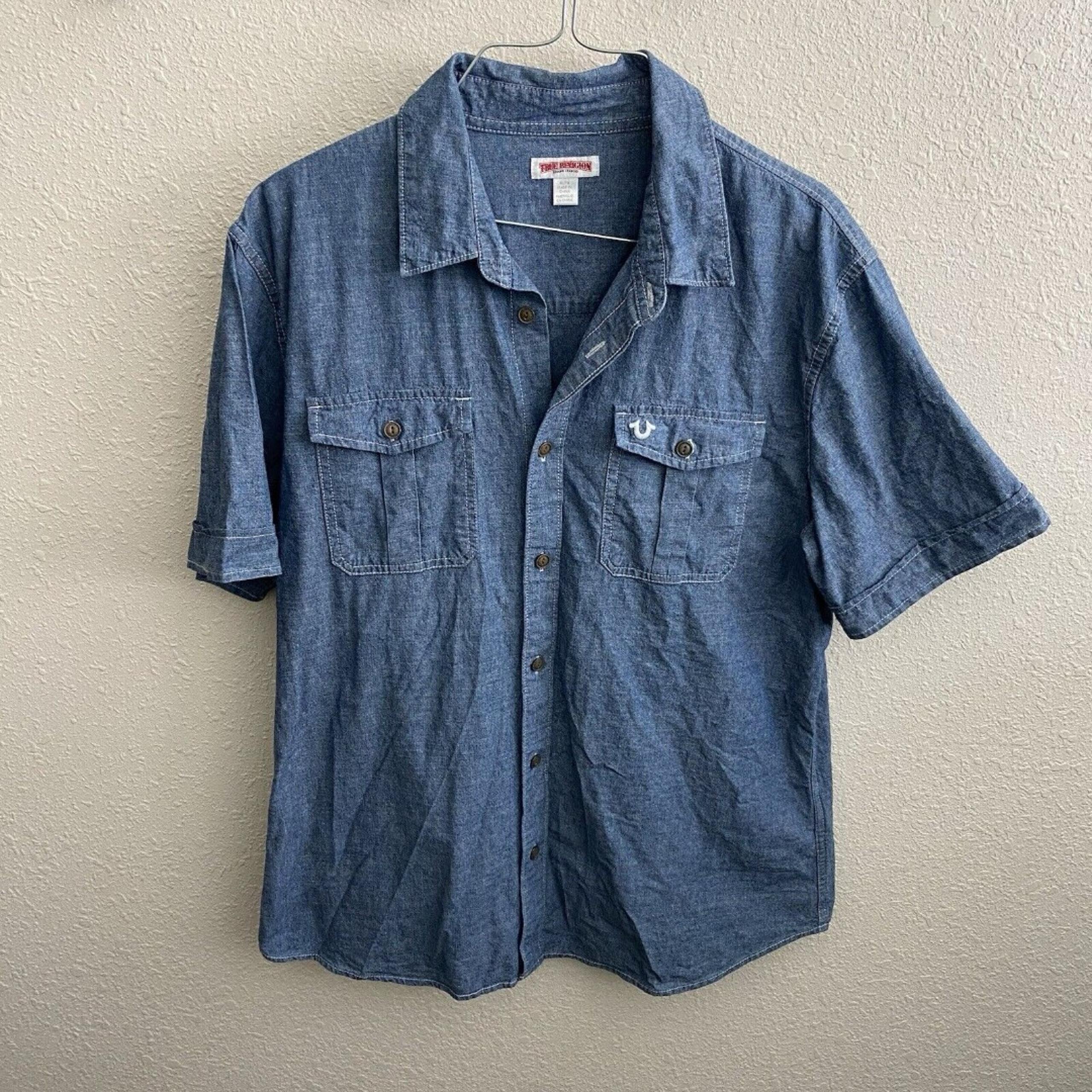 True Religion Mens XL Blue Chambray Utility Short Sleeve Button Shirt
