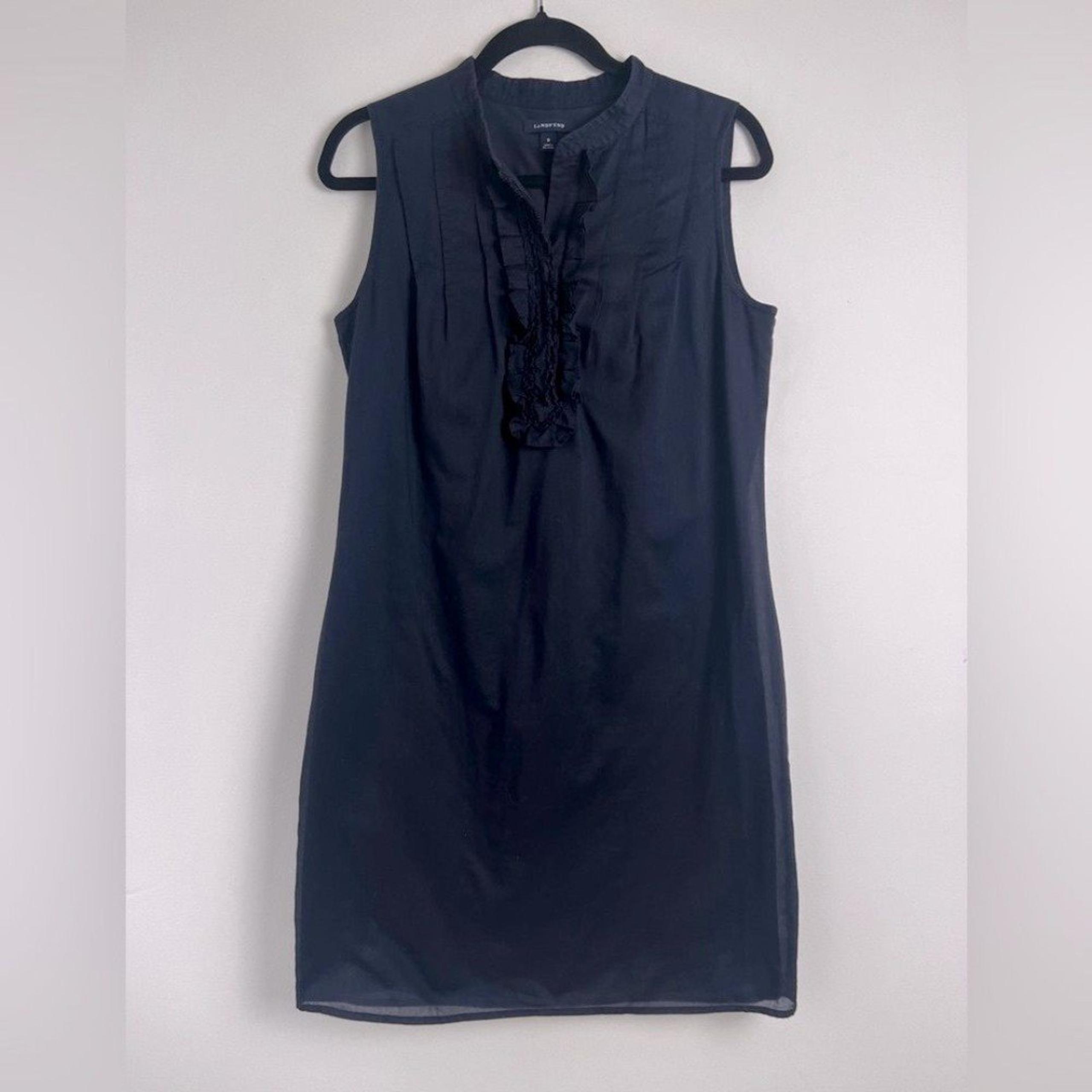 Lands' End Navy Blue 100% Cotton Sleeveless Coastal Preppy Ruffle Pintuck Dress