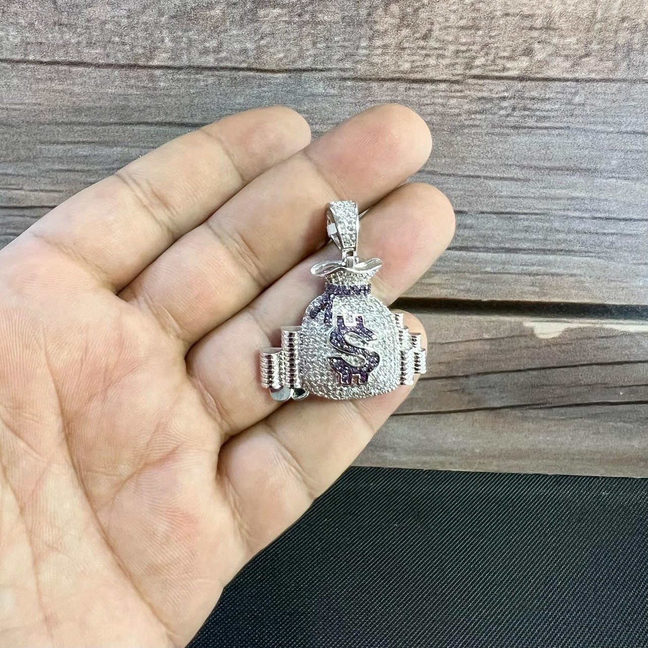 Cz Micro Pave Money Bag Pendant w/ Rope Chain