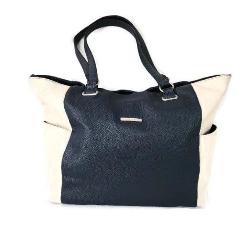 Stone & Co Women's Large Leather Color Block Navy Cream Laptop Shoulder Bag