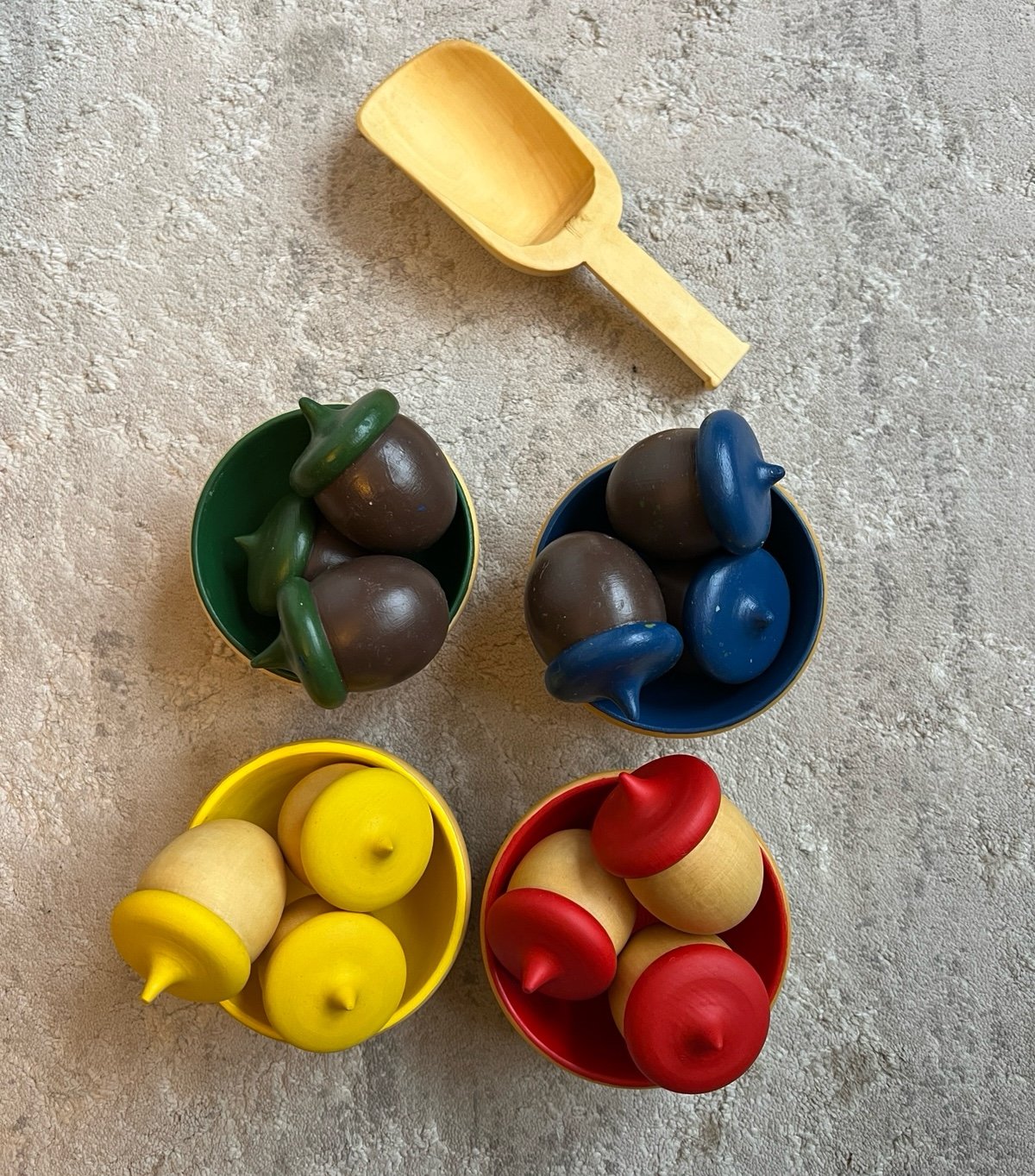 Acorns with bowls and scoop