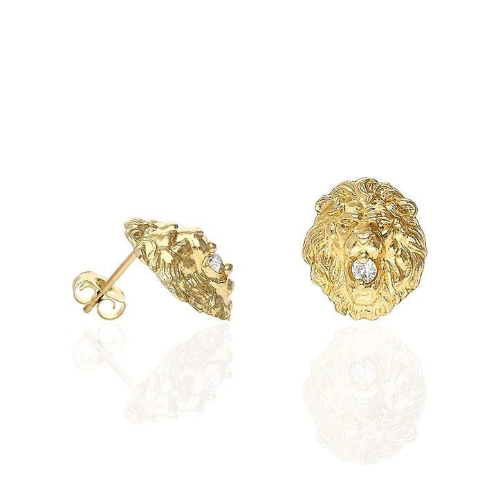 10K Solid Yellow Gold Diamond Cut White Zirconia Lion Head Stud Earrings