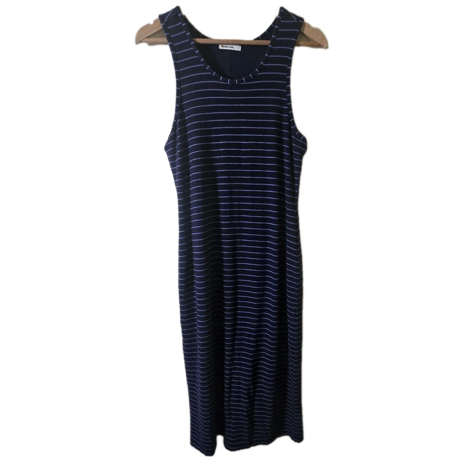 Marine Layer Lexi Daytime Midi Knit Rib Tank Dress Size Large Navy White Stripe