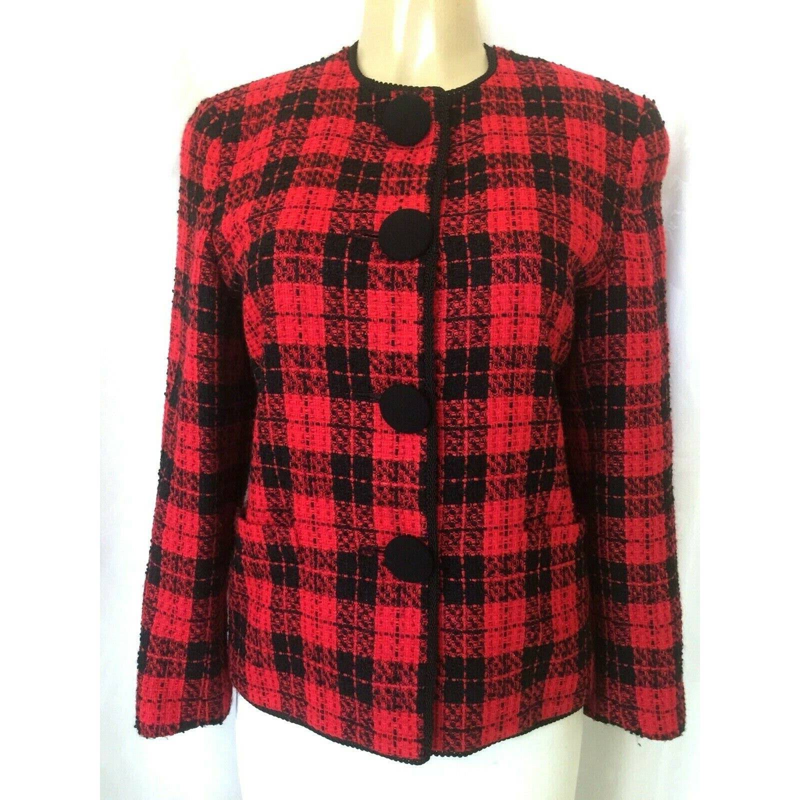 Albert Nipon Tweed Blazer Button Red Black Plaid Jacket Xmas 8 M