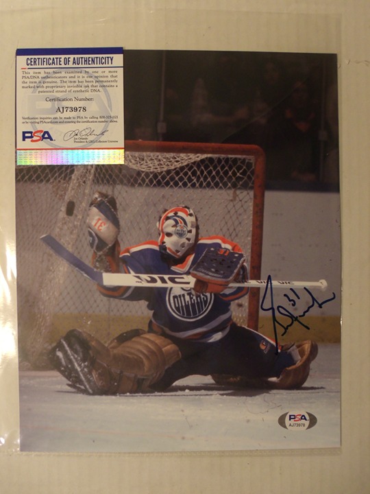 GRANT FUHR OILERS HAND SIGNED IN ACTION SAVE COLOR 8X10 PHOTO PSA/DNA