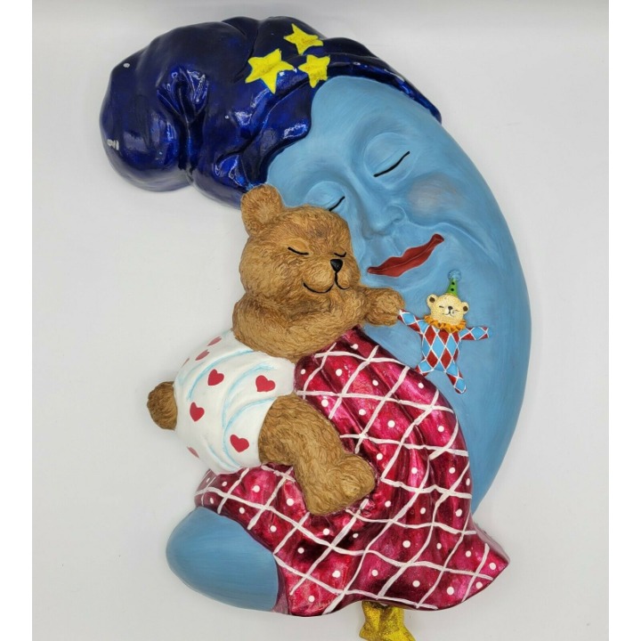 Vintage Radko Man In The Moon With Teddy Bear Nursery Wall Art Music Box Lullaby