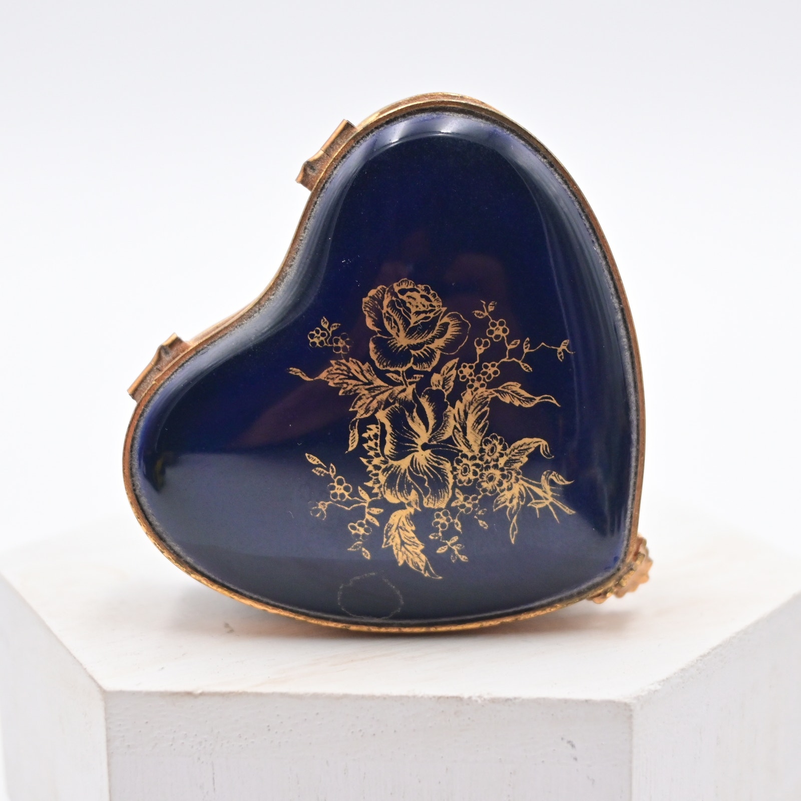Vintage Limoges Cobalt Blue Heart Hinged Floral Trinket Box