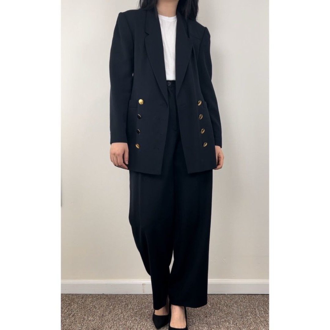Vintage Louis Feraud Black Double Breasted Wide Leg Wool Pantsuit Set
