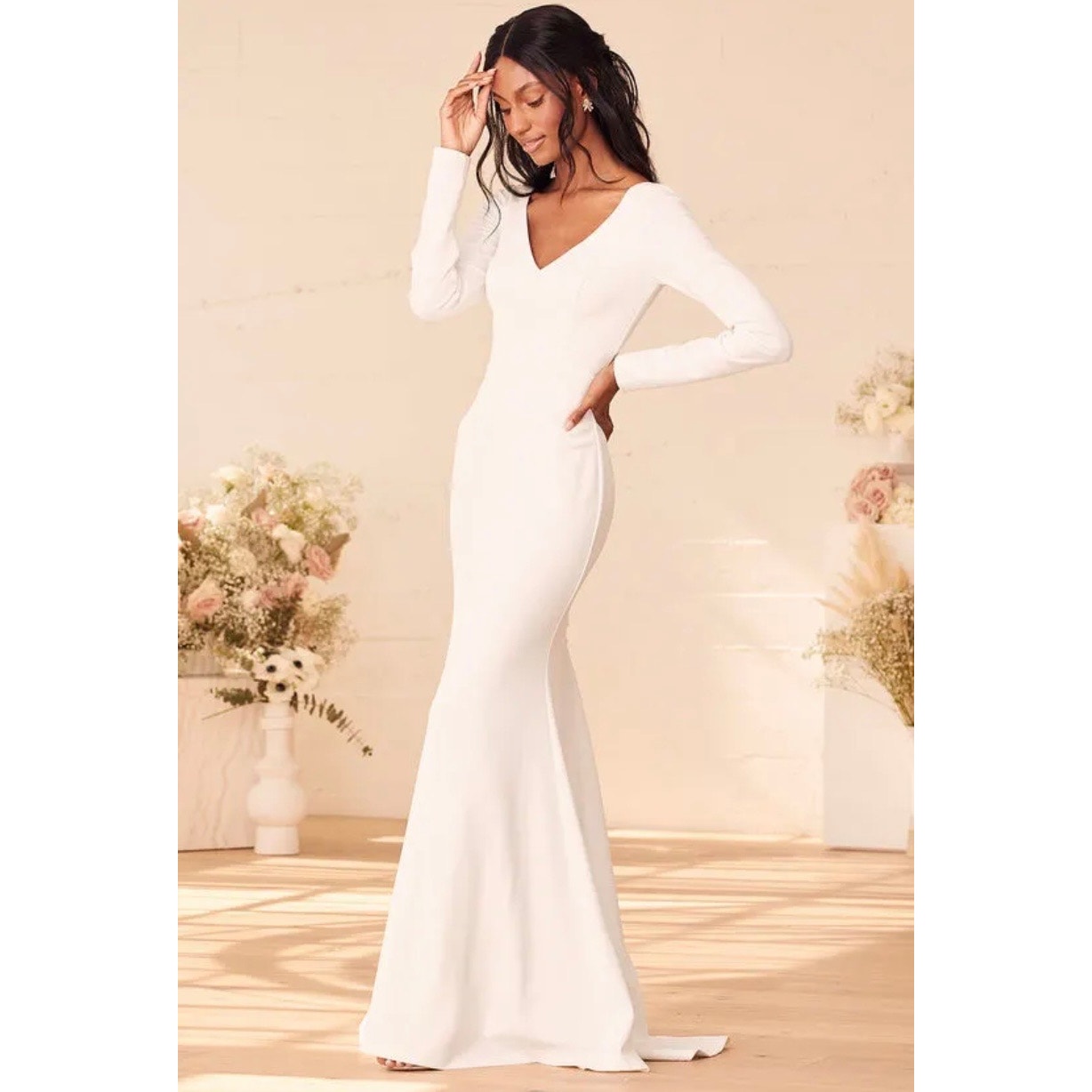 New Lulus Feeling of Forever White Long Sleeve Mermaid Maxi Dress MSRP 128