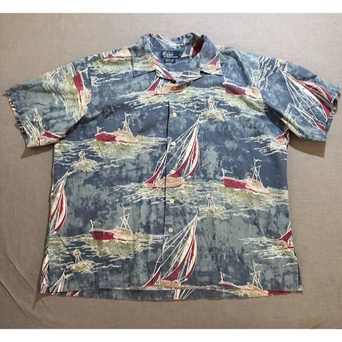Vintage Camp Polo Ralph Lauren Boats Shirt Adult XL Blue Button Up Short Sleeve